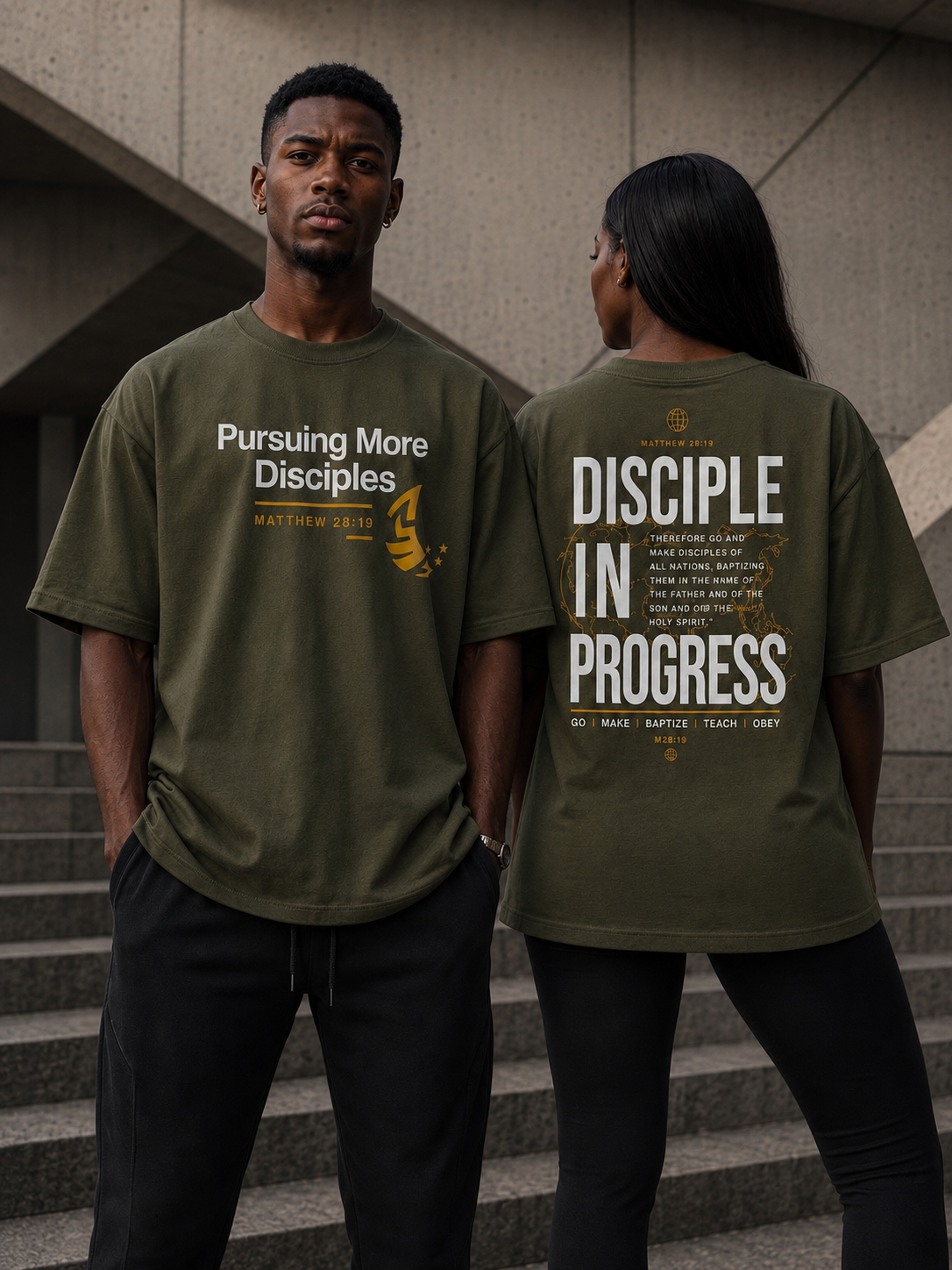 Two models wearing the olive Pursuing More Disciples tee, front and back with Matthew 28:19 graphics