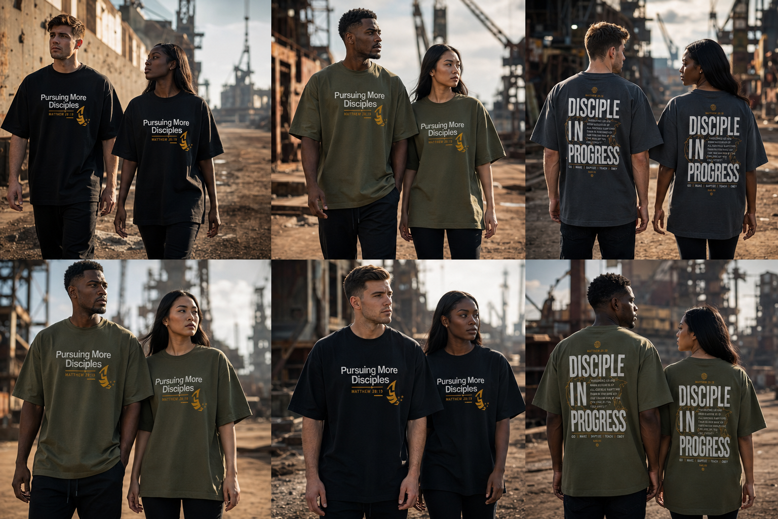 Colorway and fit grid — the Pursuing More Disciples tee shown in olive, black, and charcoal, front and back