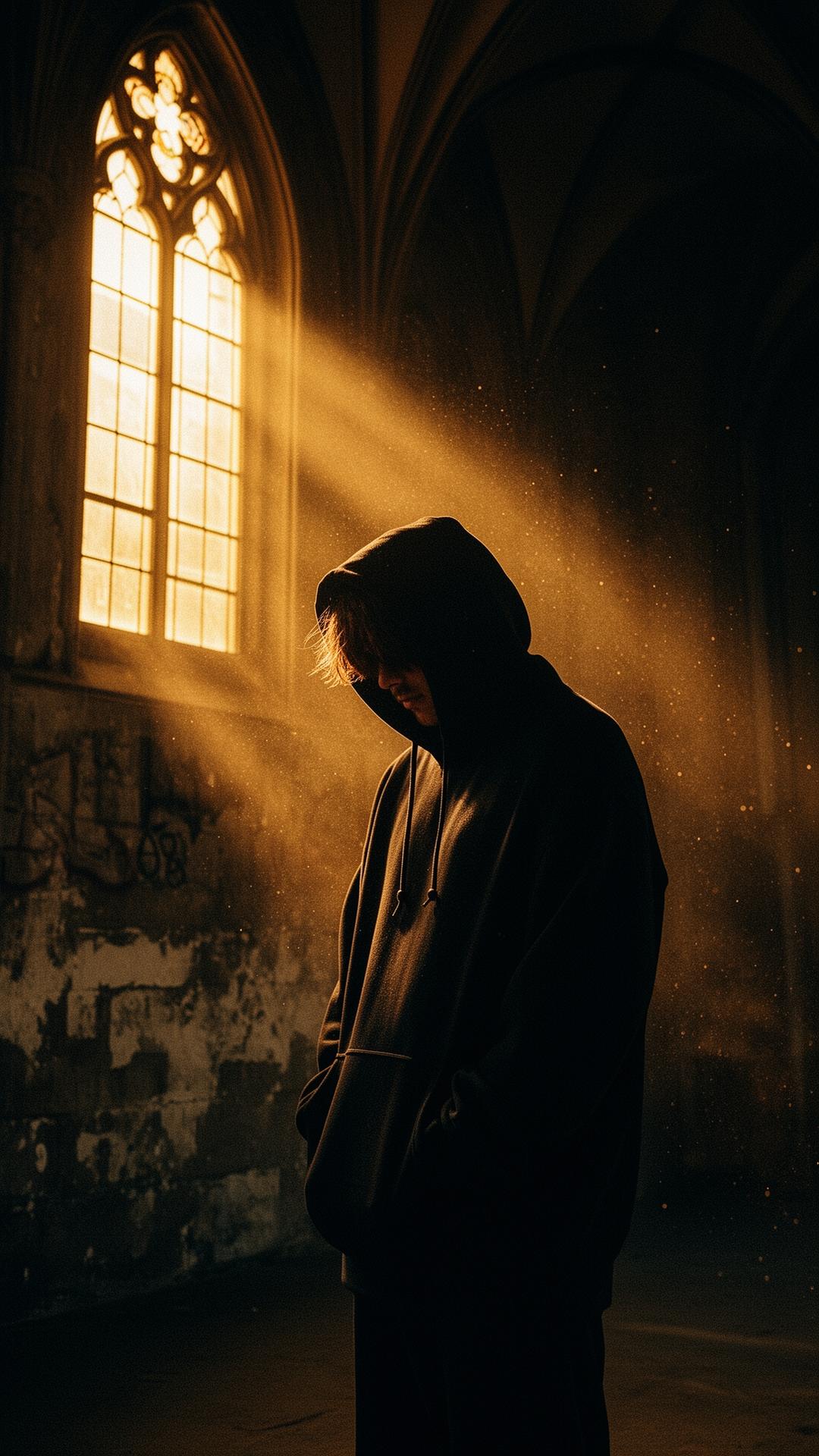 A figure in a hooded silhouette bathed in light through a cathedral window